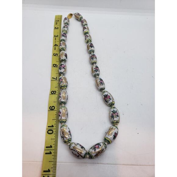 Vintage Chinese Import Porcelain Bead Necklace Hand Painted Gold Clasp Floral - Picture 9 of 9
